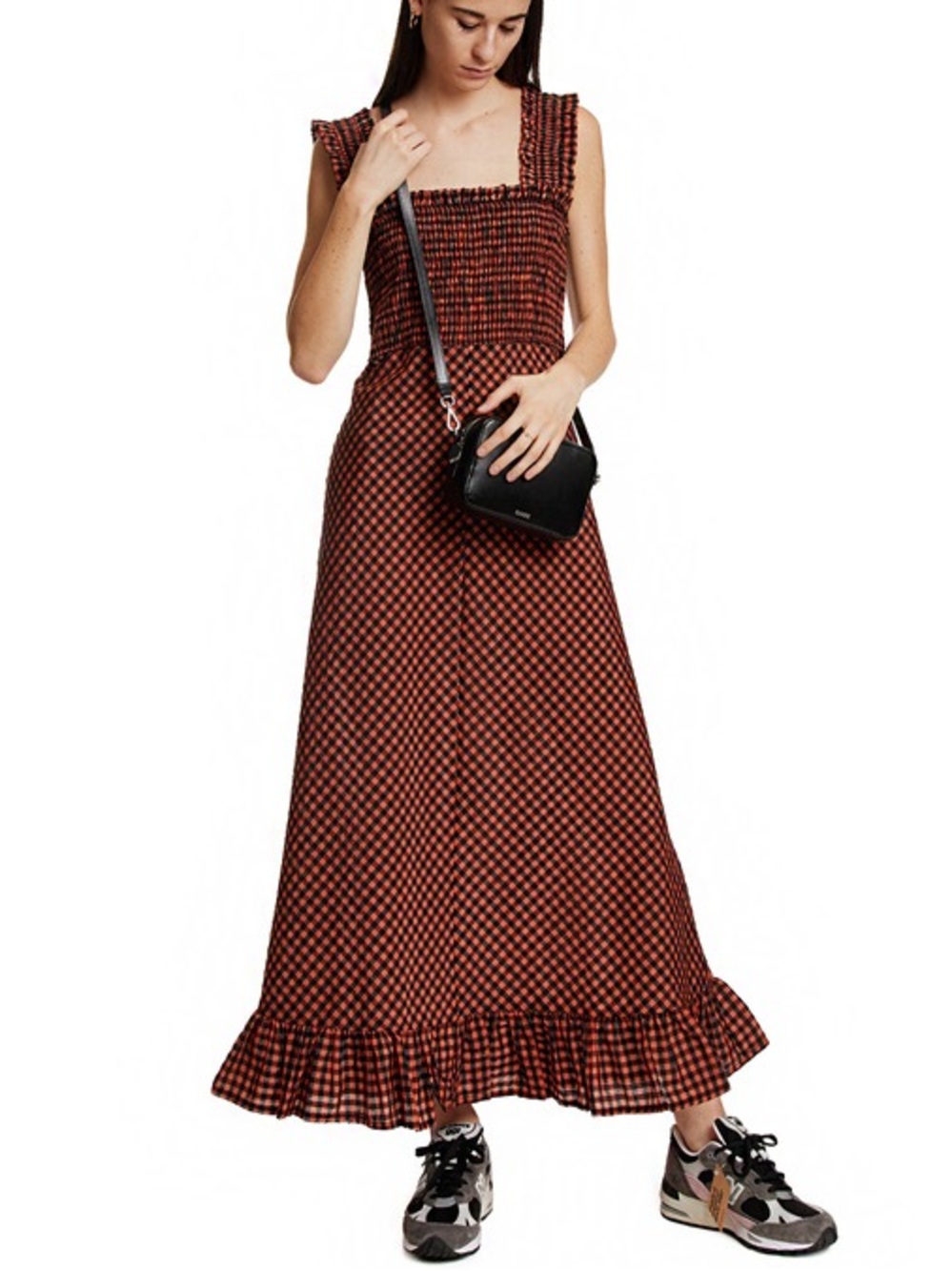 NWT GANNI Orange and Black Seersucker Check Long Dress 38 EU | 6 US | M